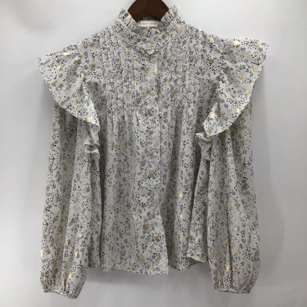 bishop + young Cream and Black Floral Print Long Sleeve Ruffle Blouse - Picture 1 of 9